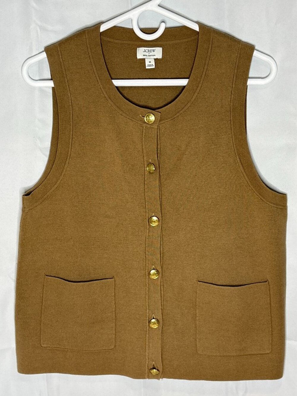 J.Crew Camel Cotton Sweater Vest | Gold Crest Buttons | Pocket Cardigan | Medium